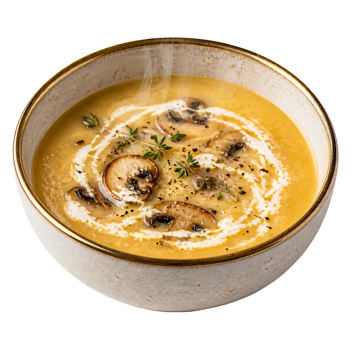 A real bowl of Soup Co. cream of mushroom soup, steaming hot with herbs and cracked pepper